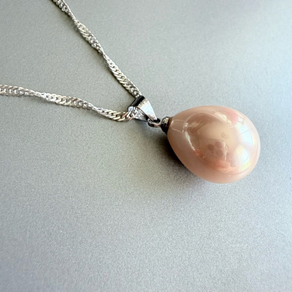 Rose Pink Faux Pearl Simulant Pear TearDrop Pendant Sterling Silver Necklace - Picture 5 of 7